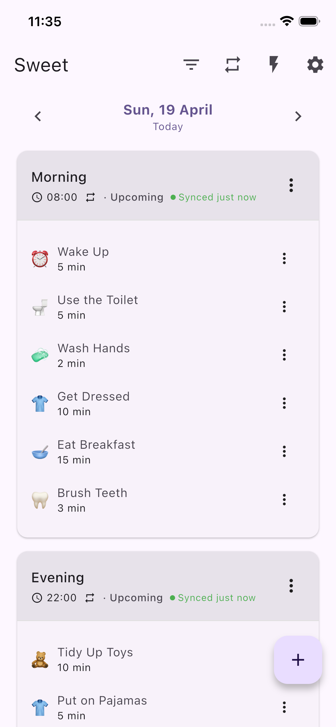 Frienddy parent app showing the weekly routine planner