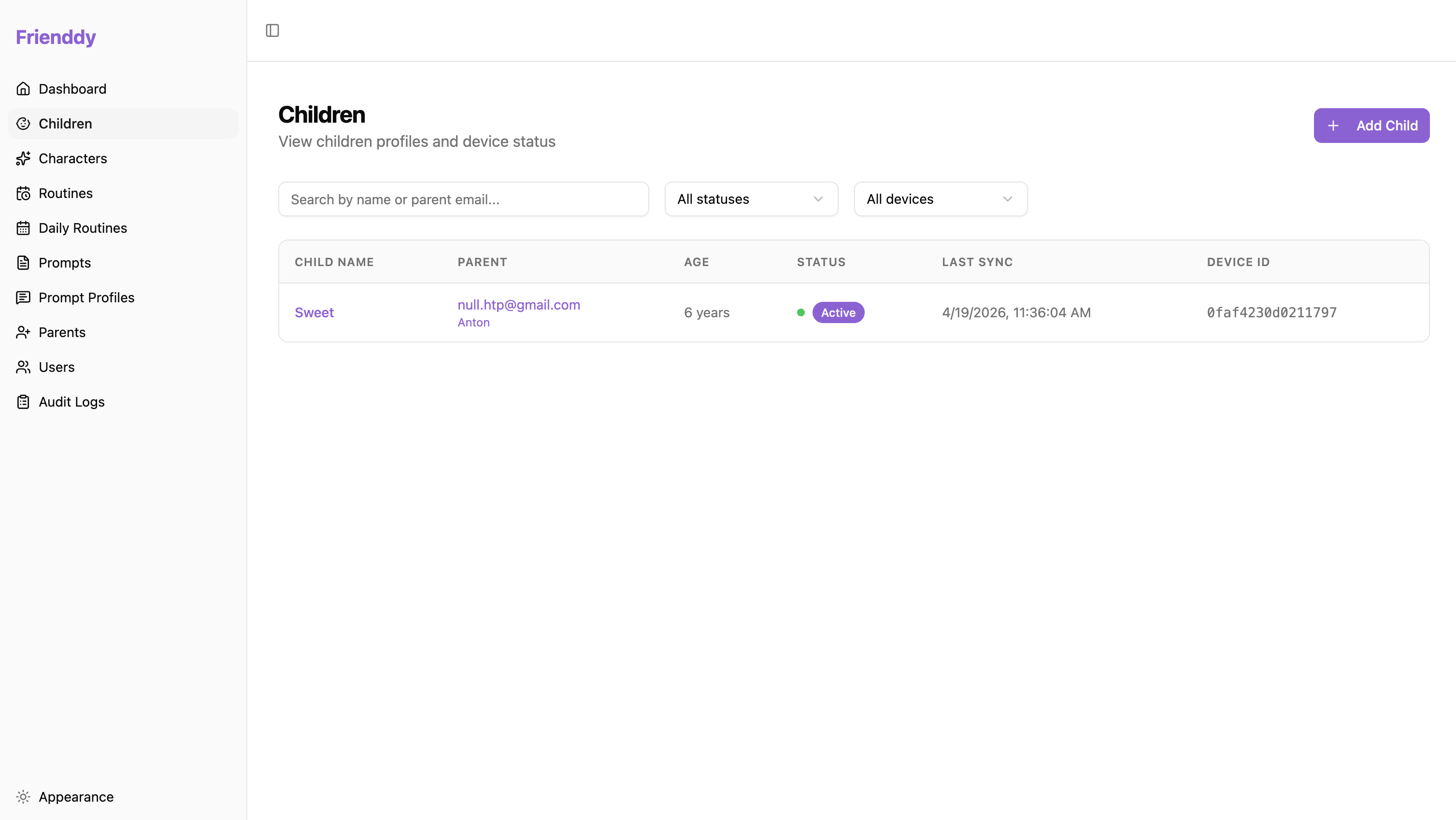 Frienddy weekly summary in the browser — completed and skipped routine steps ready to share with a therapist